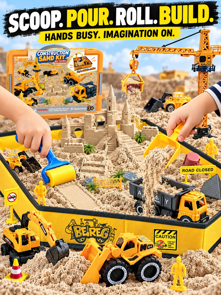 Kids Construction Sand Play Kit, Engineering Toy Set with Play Mat, Trucks, Crane & Sand Molds, Boosts Focus & Creativity for Toddlers