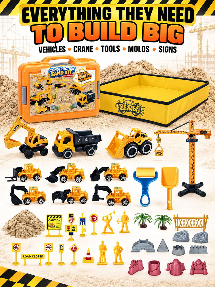 Kids Construction Sand Play Kit, Engineering Toy Set with Play Mat, Trucks, Crane & Sand Molds, Boosts Focus & Creativity for Toddlers
