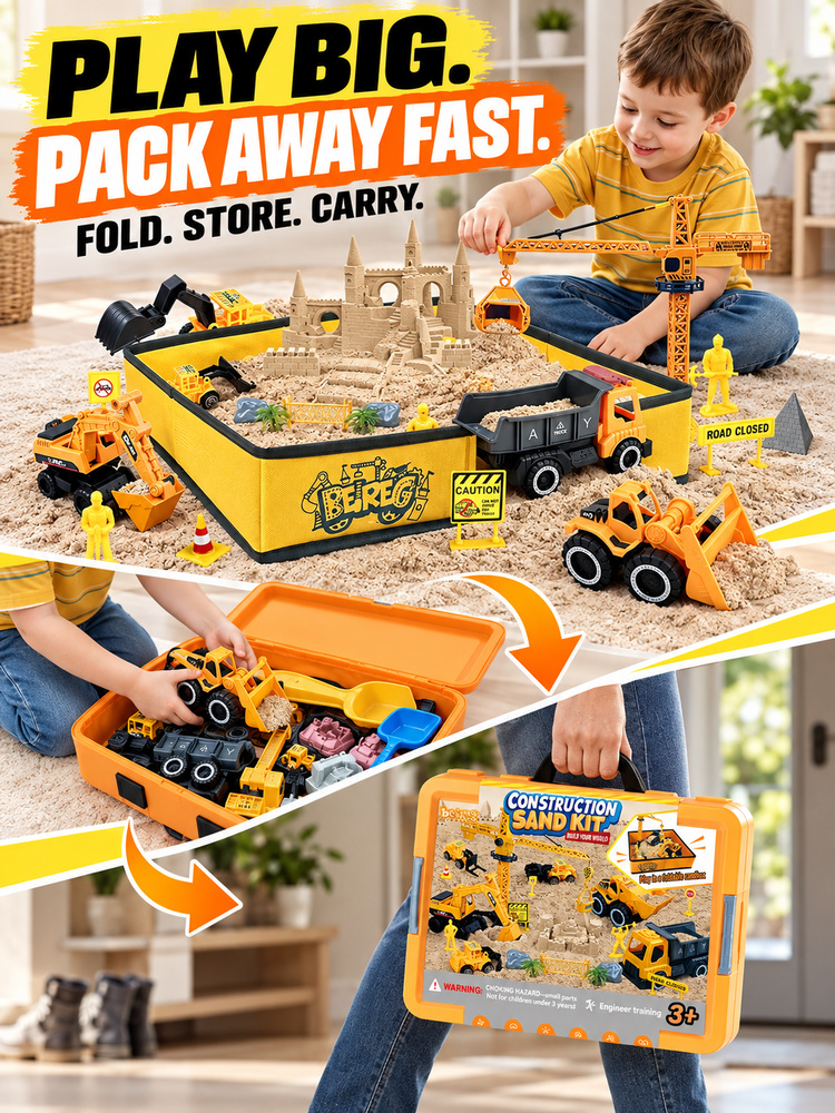 Kids Construction Sand Play Kit, Engineering Toy Set with Play Mat, Trucks, Crane & Sand Molds, Boosts Focus & Creativity for Toddlers