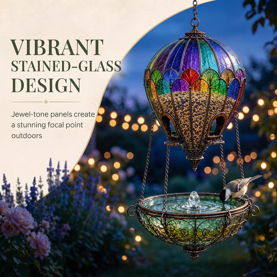 Jewel-tone stained-glass-style bird feeder displayed outdoors at dusk