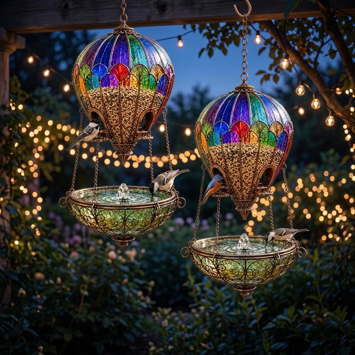 Two balloon-shaped bird feeders hanging in an evening garden