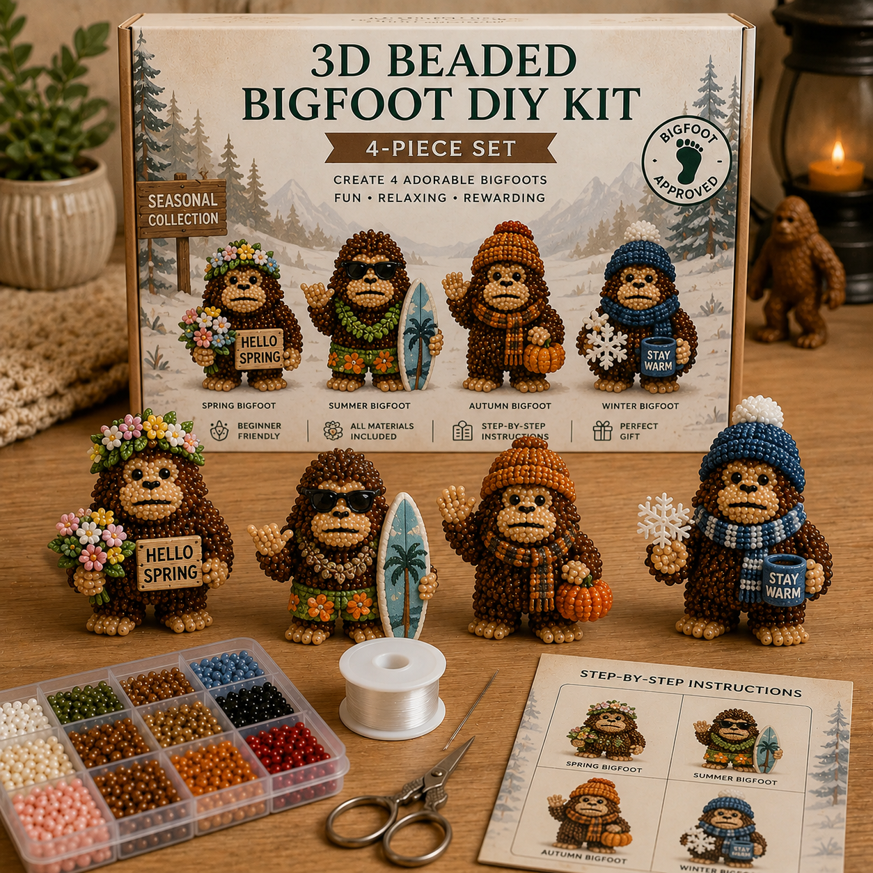 3D Beaded Bigfoot DIY Kit – Collectible Bigfoot Craft Set (4-Piece Series Collection)