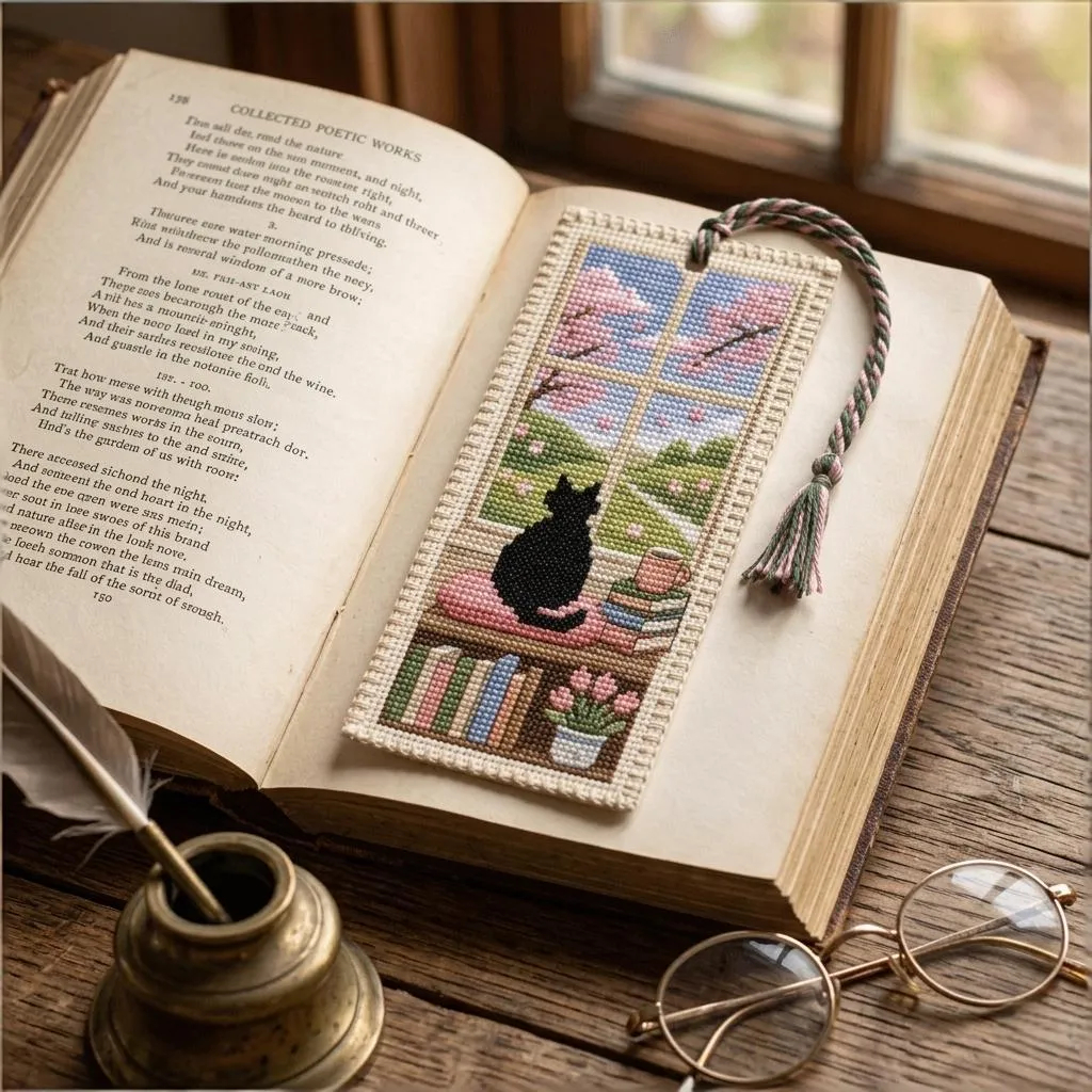 🐱 Cat Window Seasons Embroidery Bookmark DIY Kit🌸