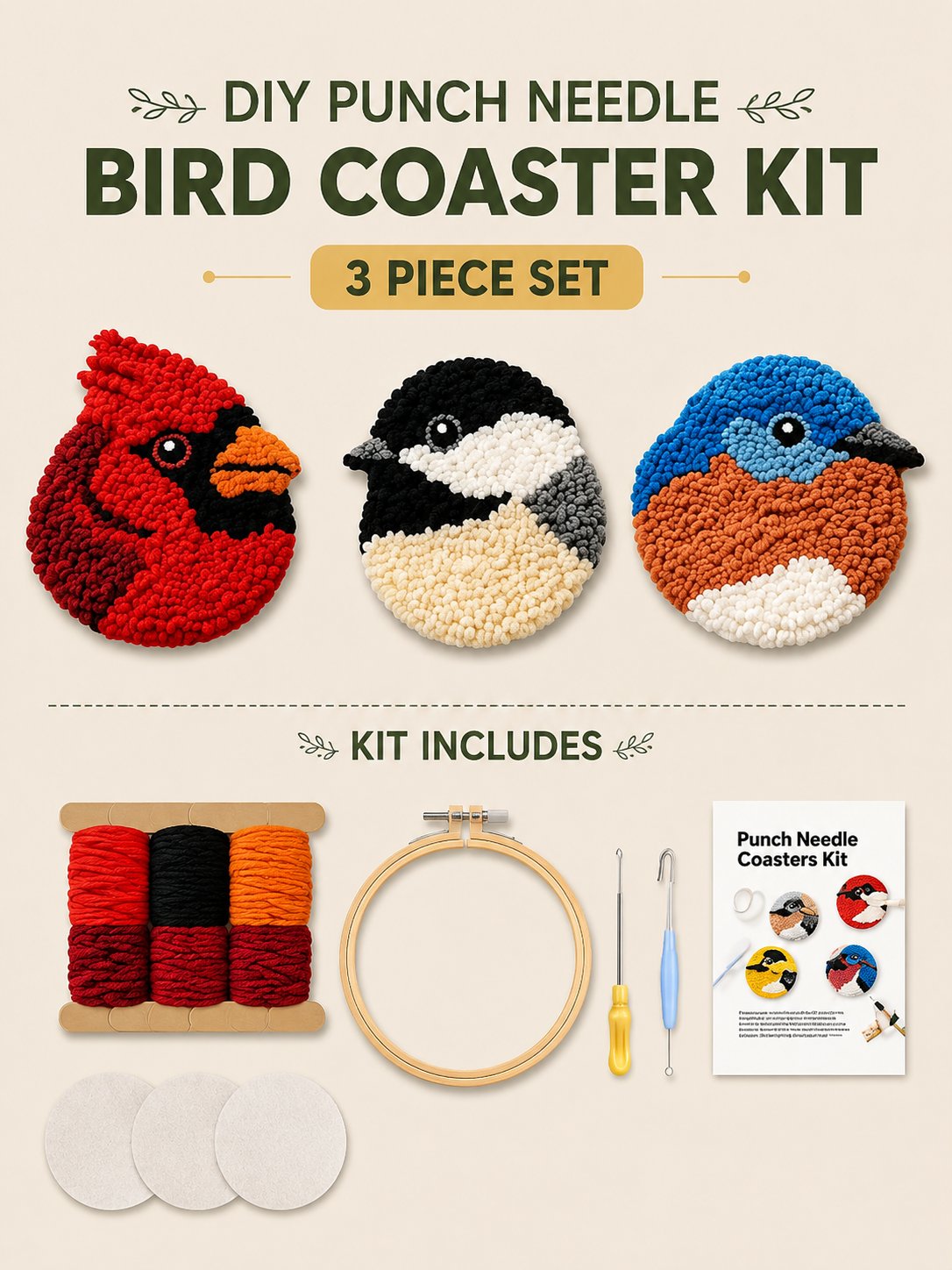 Beginner-Friendly DIY Bird Coasters Punch Needle (Quick-Dry, Moisture-Proof & Easy-Clean)