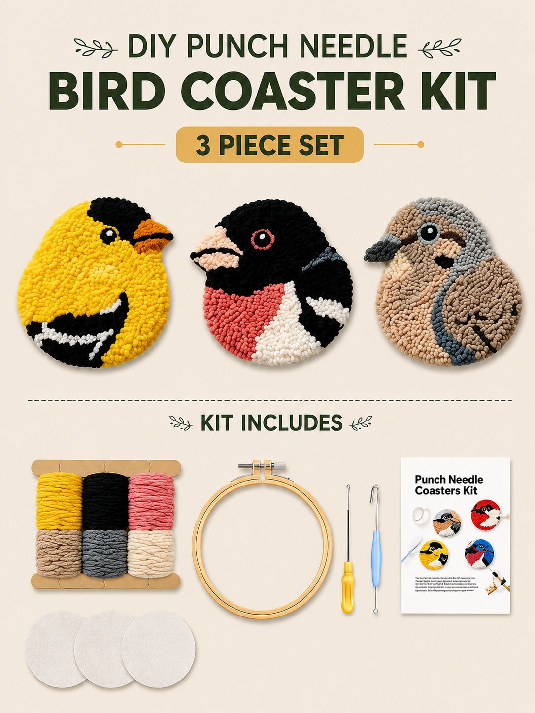Beginner-Friendly DIY Bird Coasters Punch Needle (Quick-Dry, Moisture-Proof & Easy-Clean)