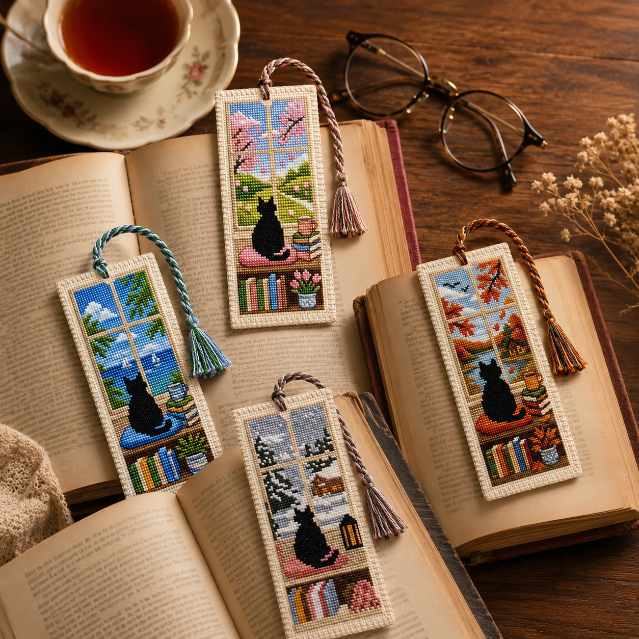 🐱 Cat Window Seasons Embroidery Bookmark DIY Kit🌸