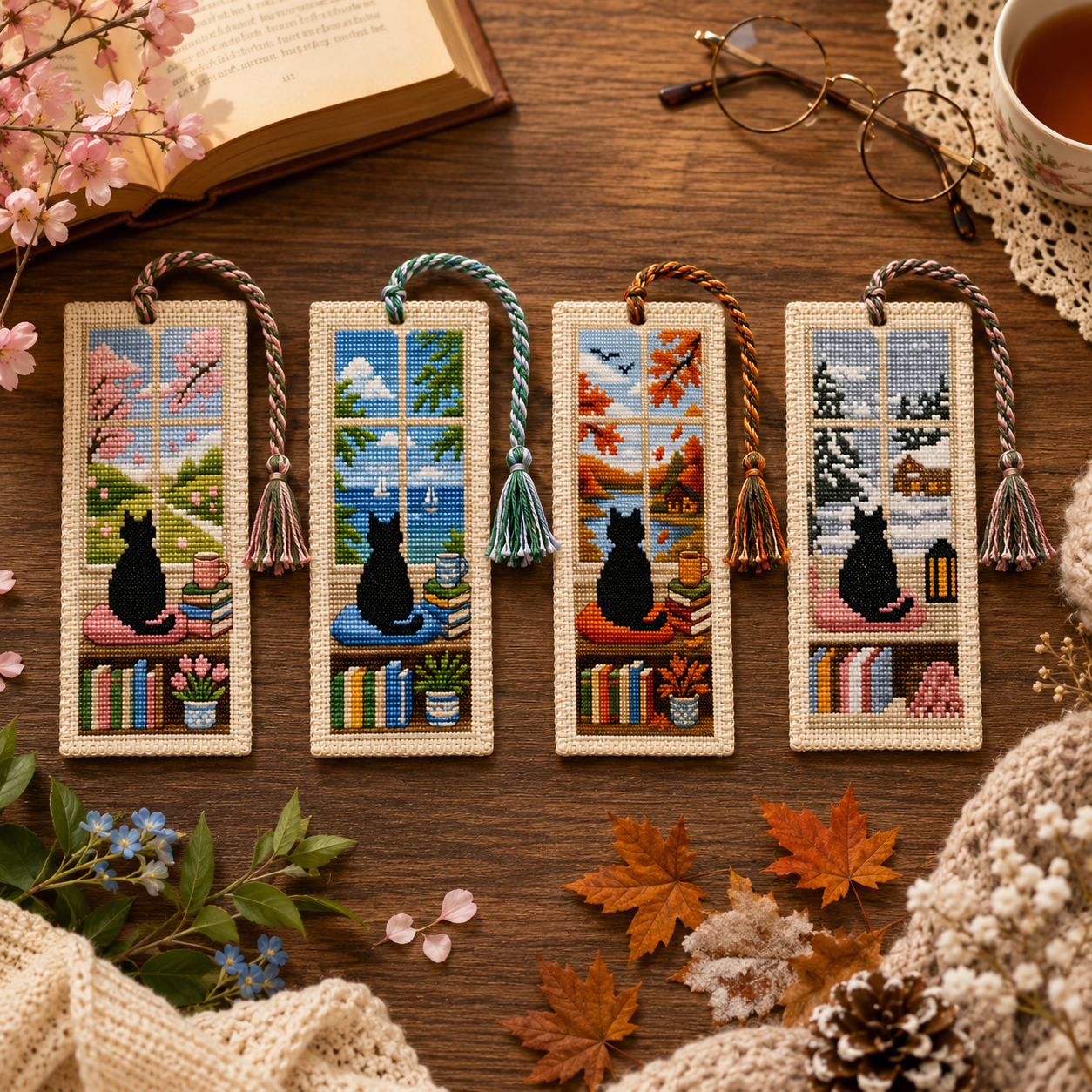 🐱 Cat Window Seasons Embroidery Bookmark DIY Kit🌸