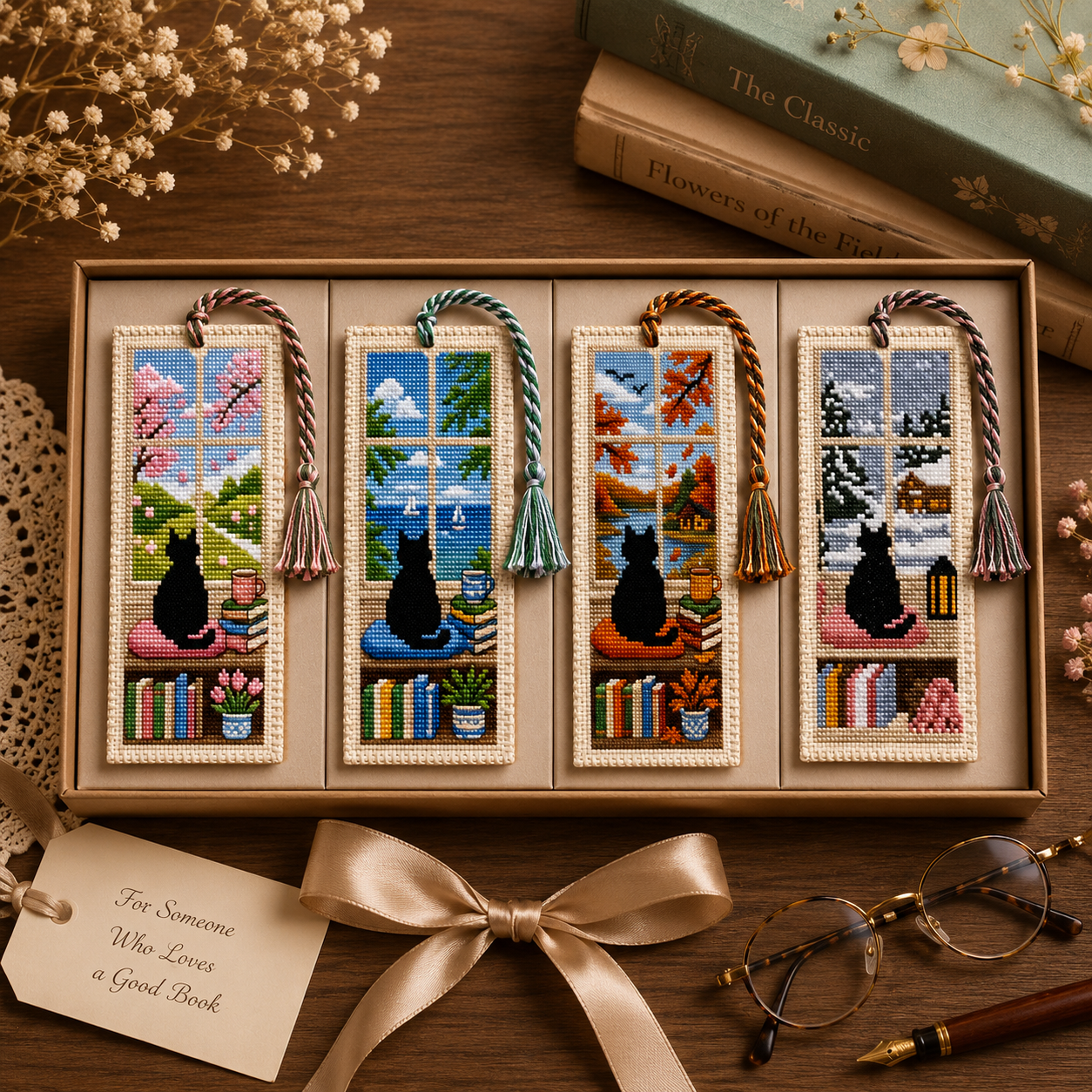 🐱 Cat Window Seasons Embroidery Bookmark DIY Kit🌸