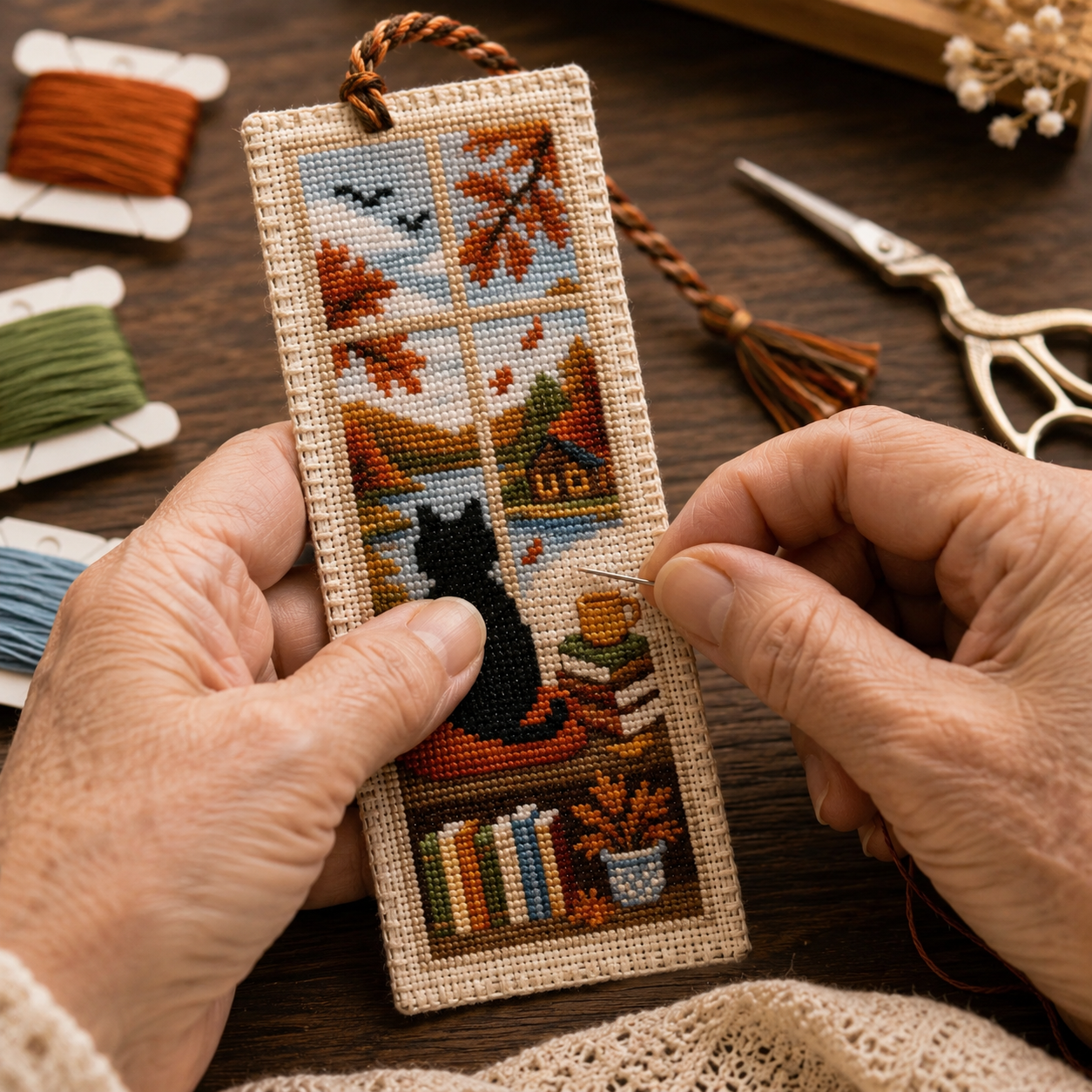 🐱 Cat Window Seasons Embroidery Bookmark DIY Kit🌸