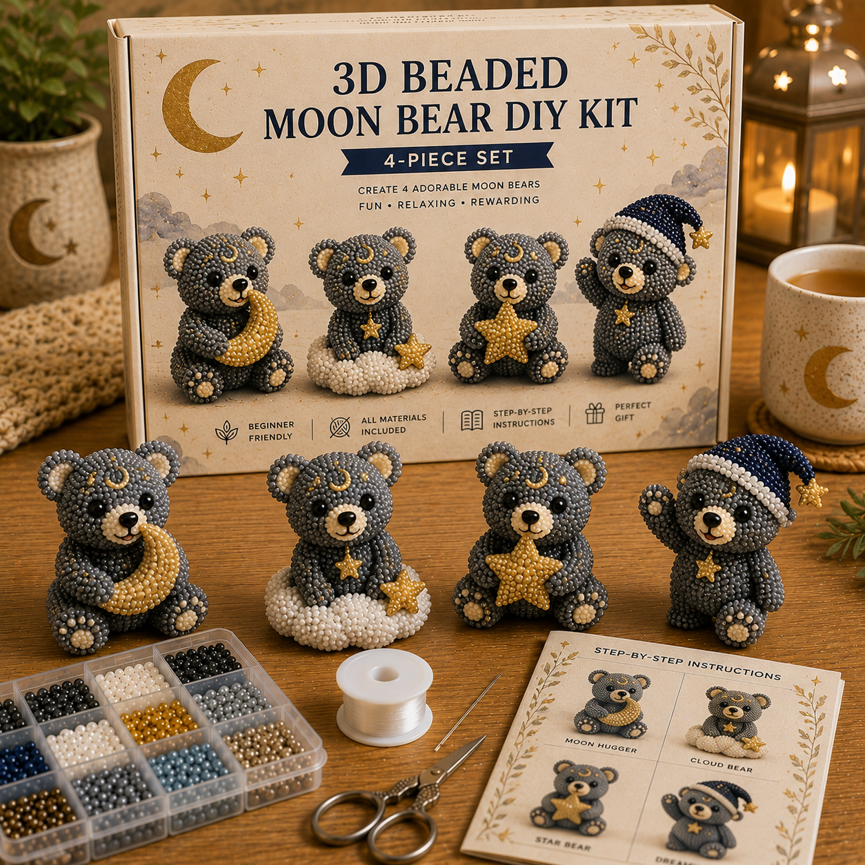 3D Beaded Bear DIY Kit – 4-Piece Handmade Bear Craft Set