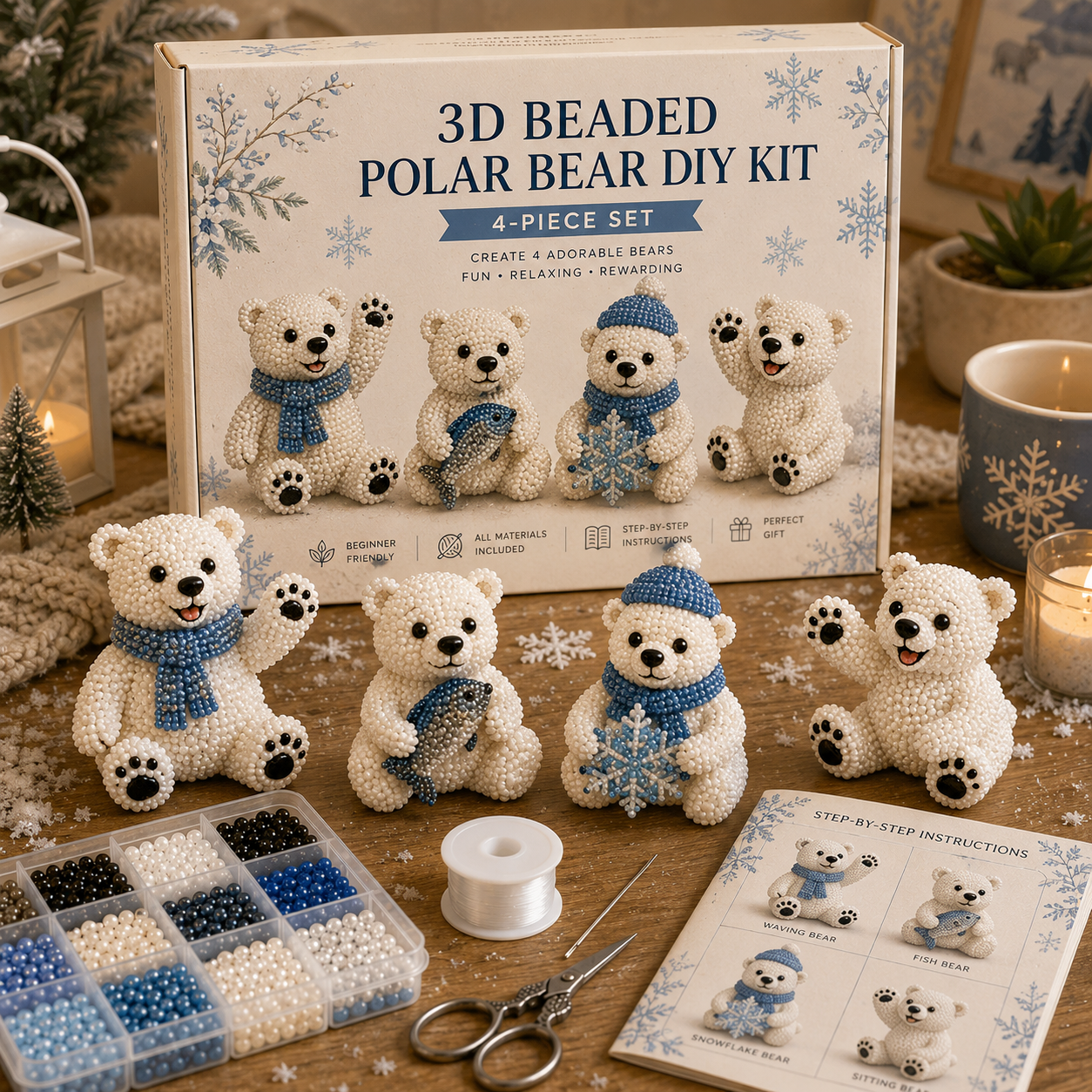 3D Beaded Bear DIY Kit – 4-Piece Handmade Bear Craft Set