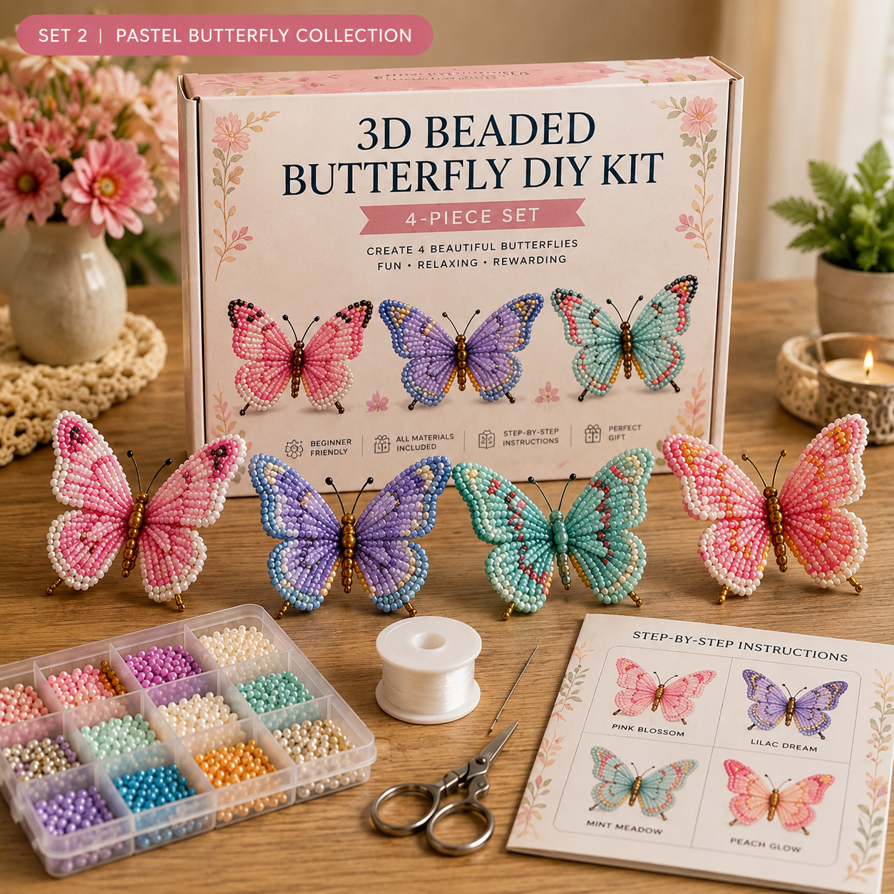 3D Beaded Butterfly DIY Kit – 4-Piece Handmade Butterfly Craft Set