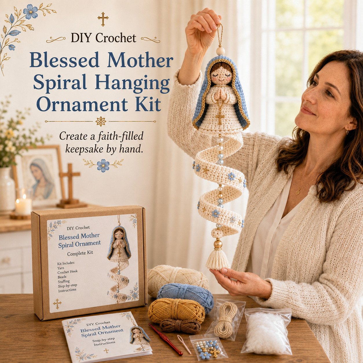 ✨ DIY Crochet Blessed Mother Spiral Hanging Ornament Kit – Handcraft a Heavenly Keepsake 🙏🧶
