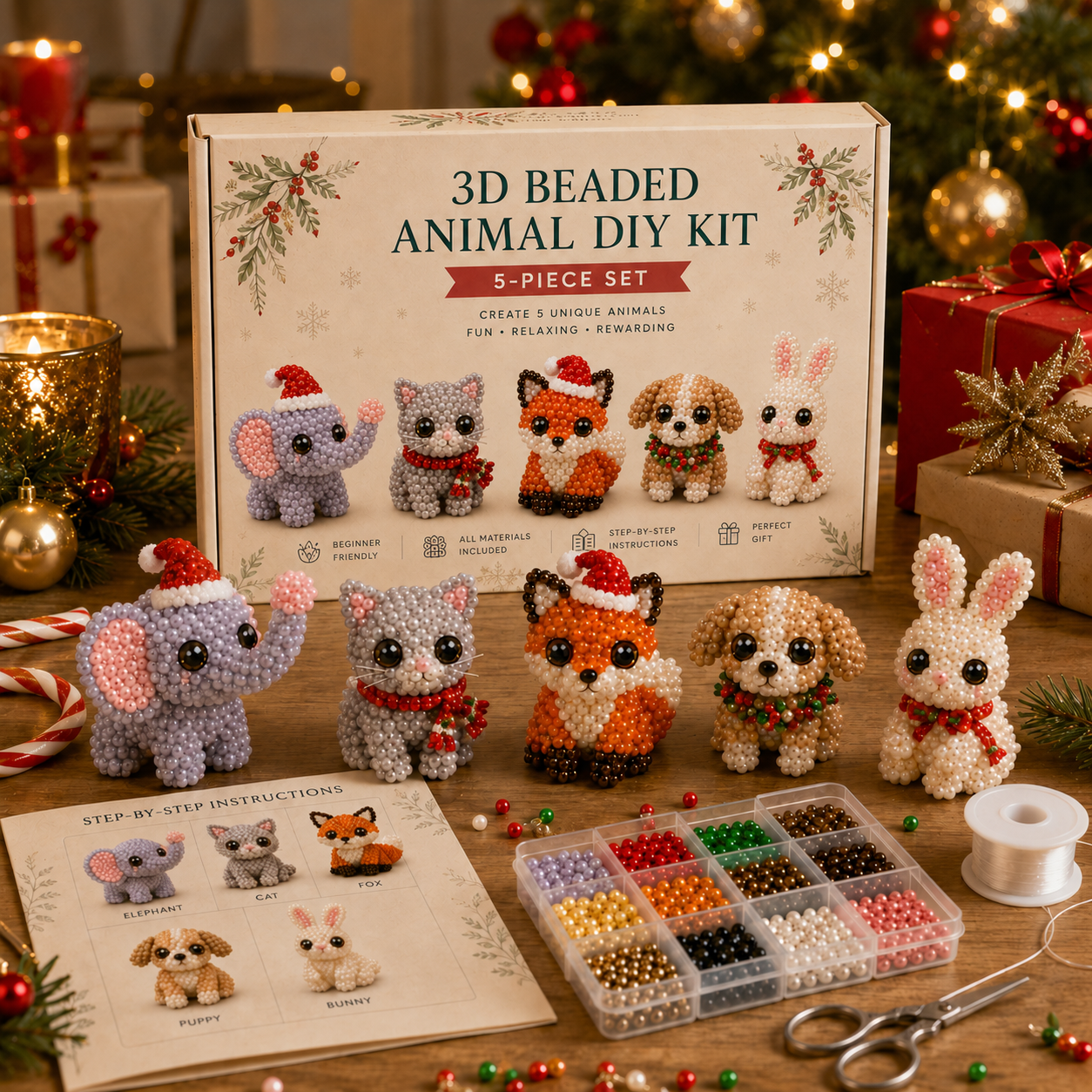 🎄 Christmas 3D Beaded Woodland Friends DIY Kit – 5-Piece Holiday Animal Craft Set