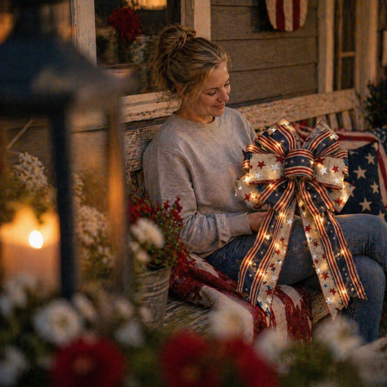 2Pcs LED Patriotic Burlap Bow Set For Front Door & Wreath Decor-EASESTER