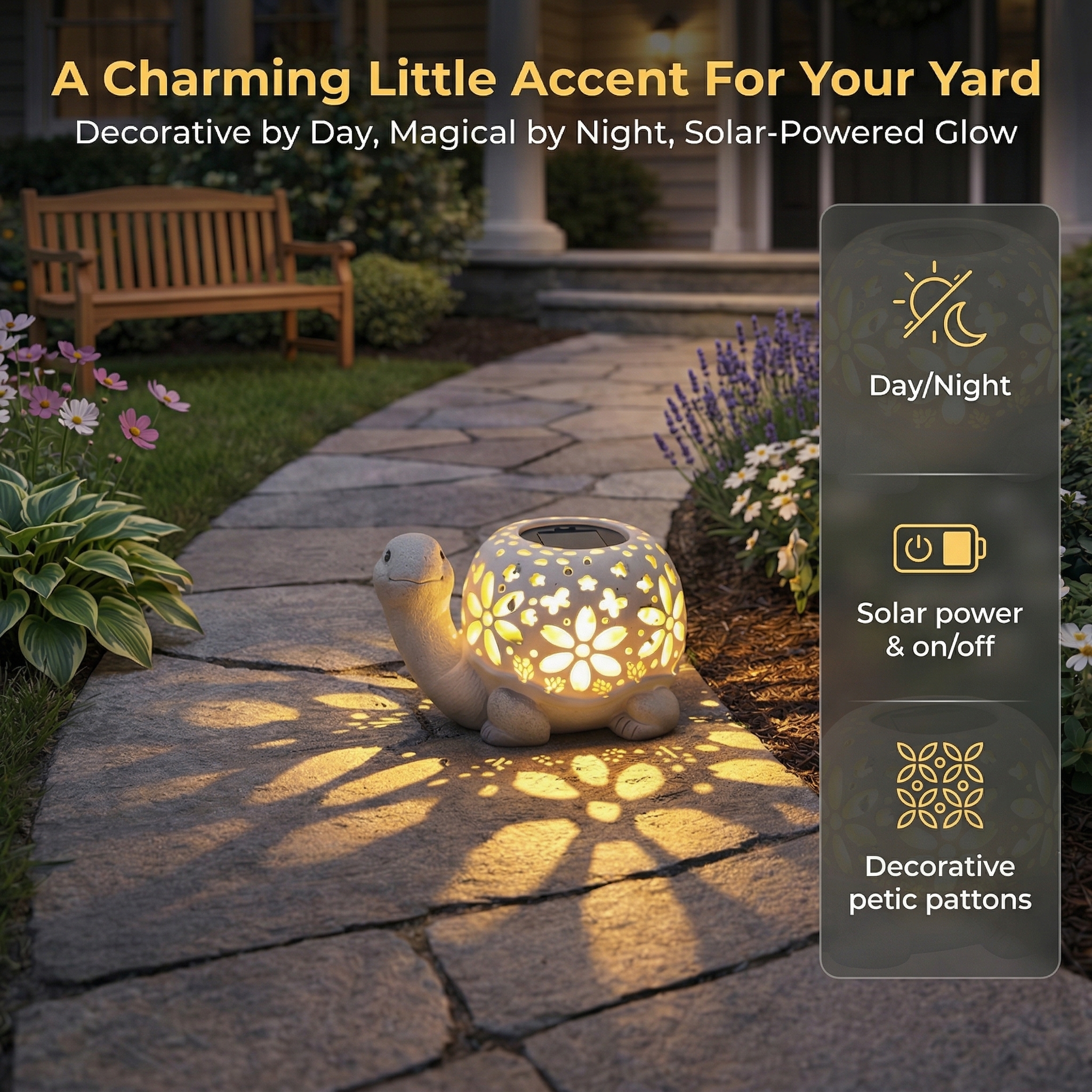 Turtle Glow Solar Garden Lantern With Floral Cutout Shell-EASESTER
