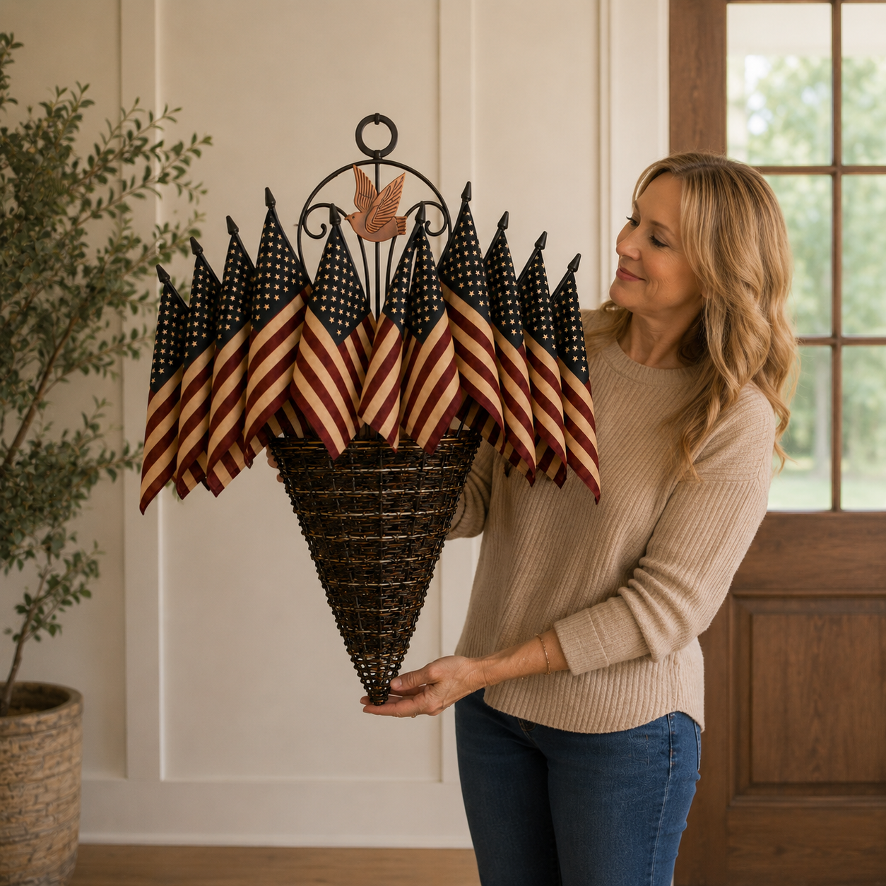 Vintage Patriotic Flag Basket Door Hanger-EASESTER