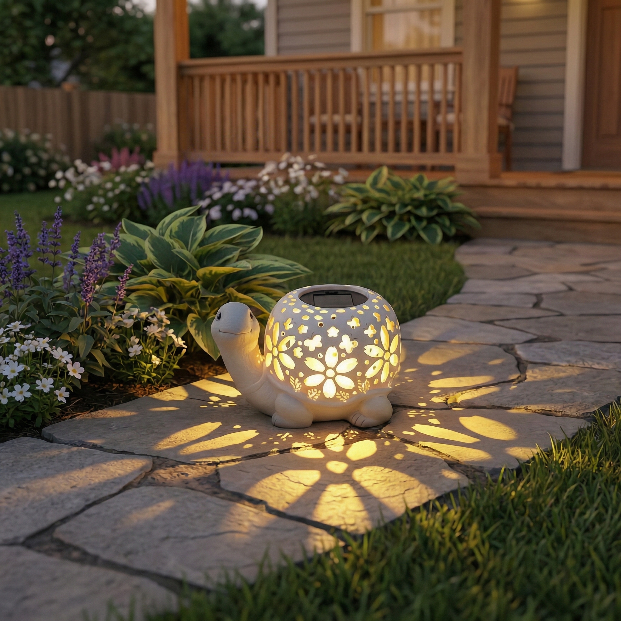 Turtle Glow Solar Garden Lantern With Floral Cutout Shell-EASESTER