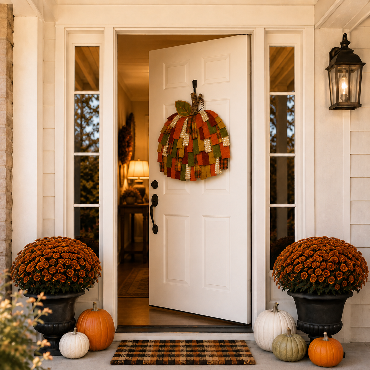 Lighted Patchwork Pumpkin Door Hanger-EASESTER