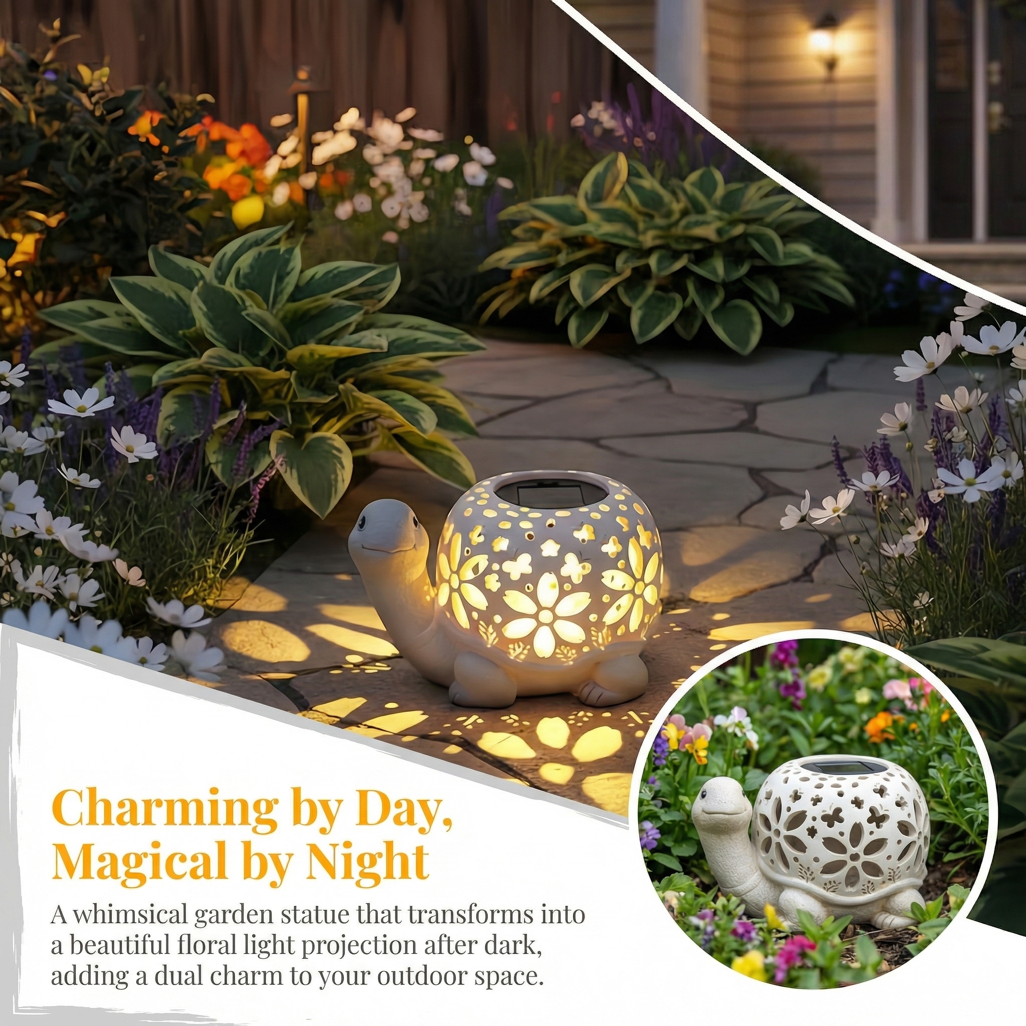 Turtle Glow Solar Garden Lantern With Floral Cutout Shell-EASESTER