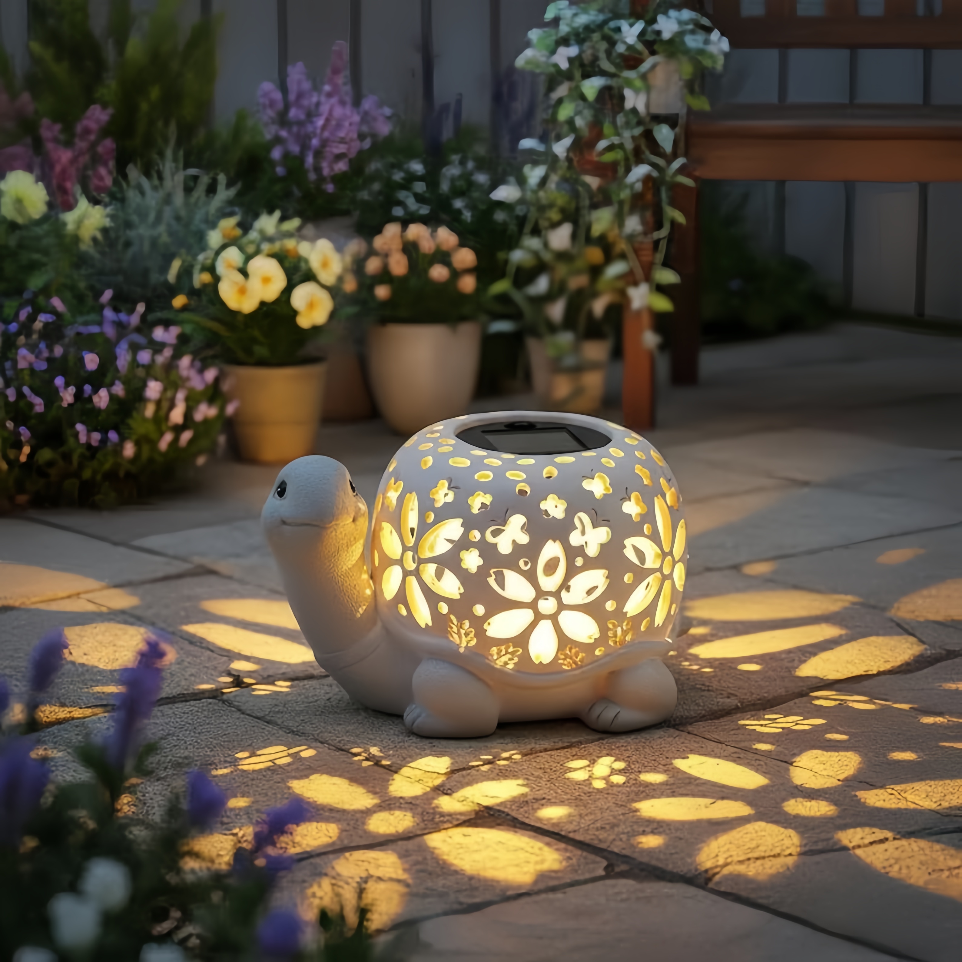 Turtle Glow Solar Garden Lantern With Floral Cutout Shell-EASESTER