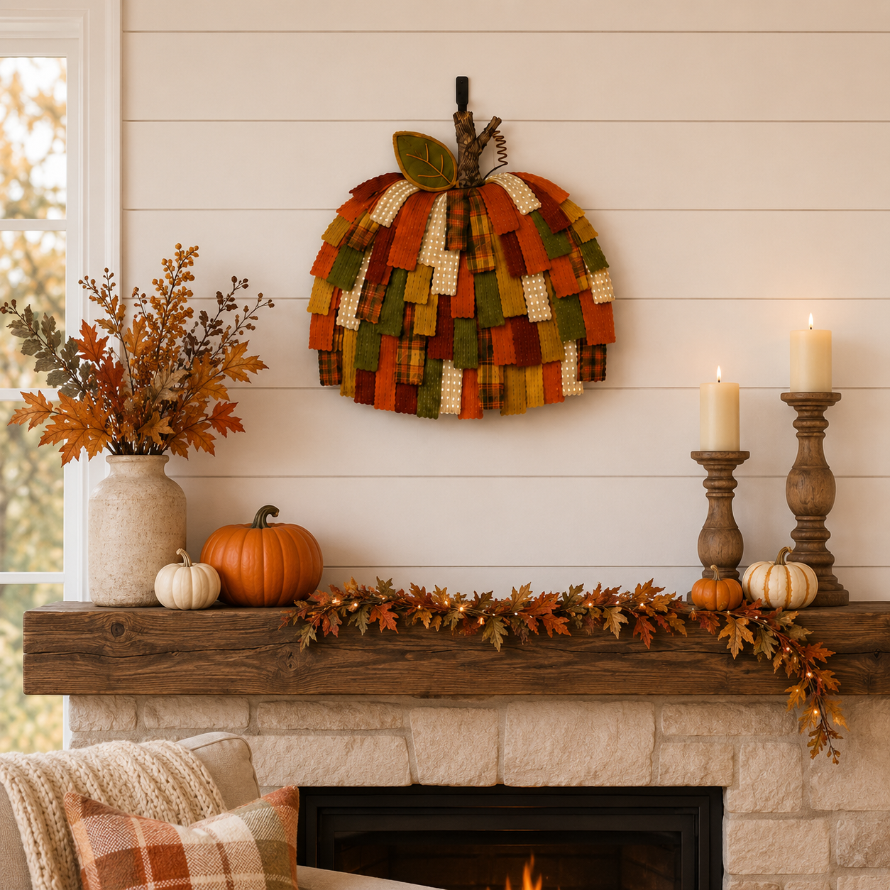 Lighted Patchwork Pumpkin Door Hanger-EASESTER