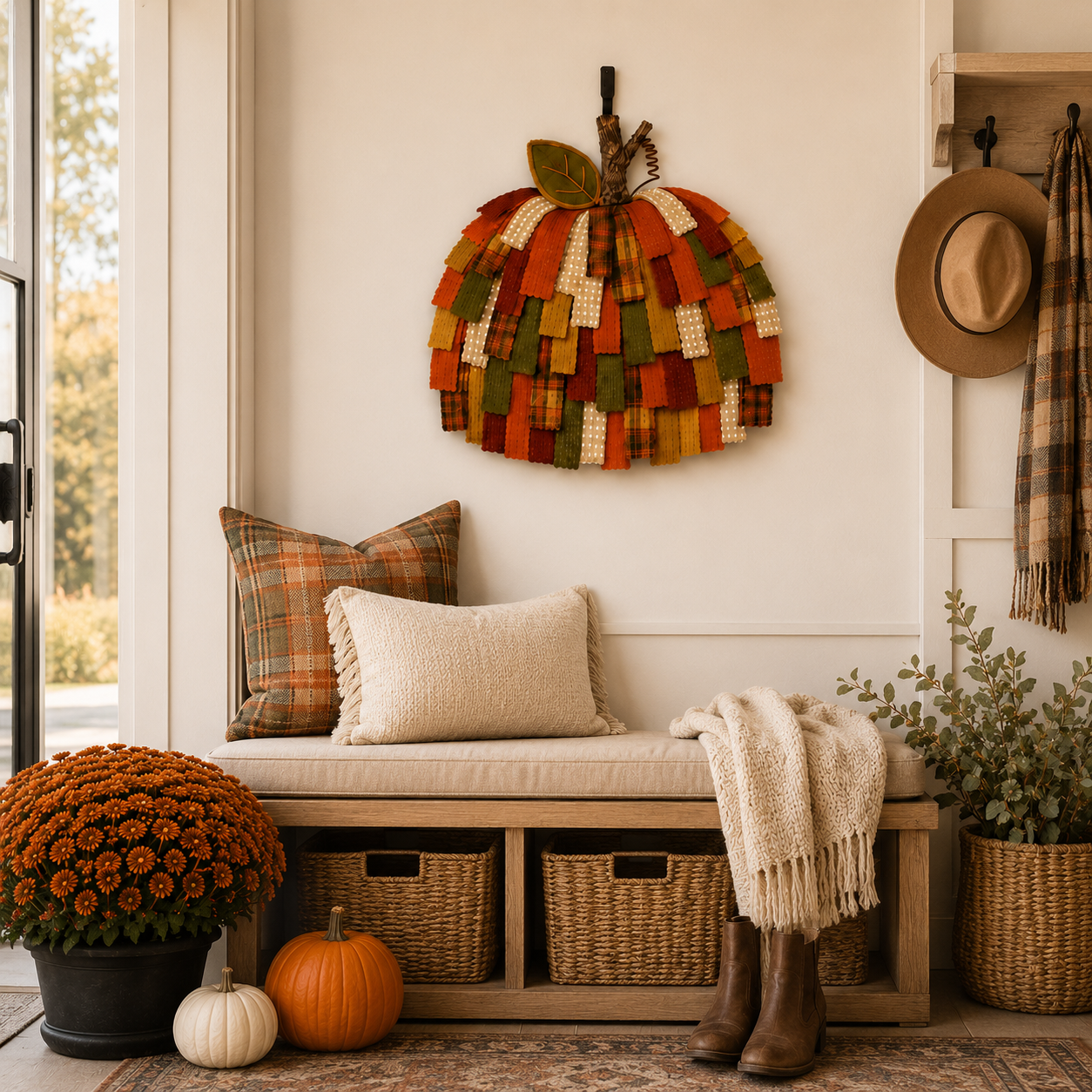 Lighted Patchwork Pumpkin Door Hanger-EASESTER
