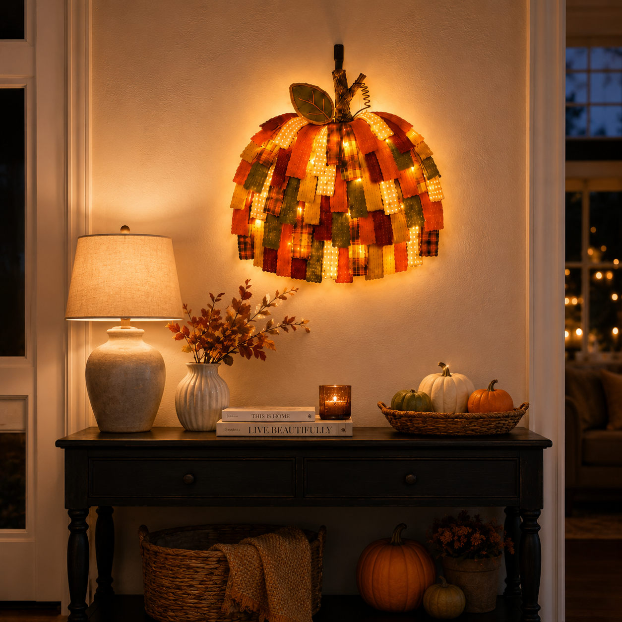 Lighted Patchwork Pumpkin Door Hanger-EASESTER