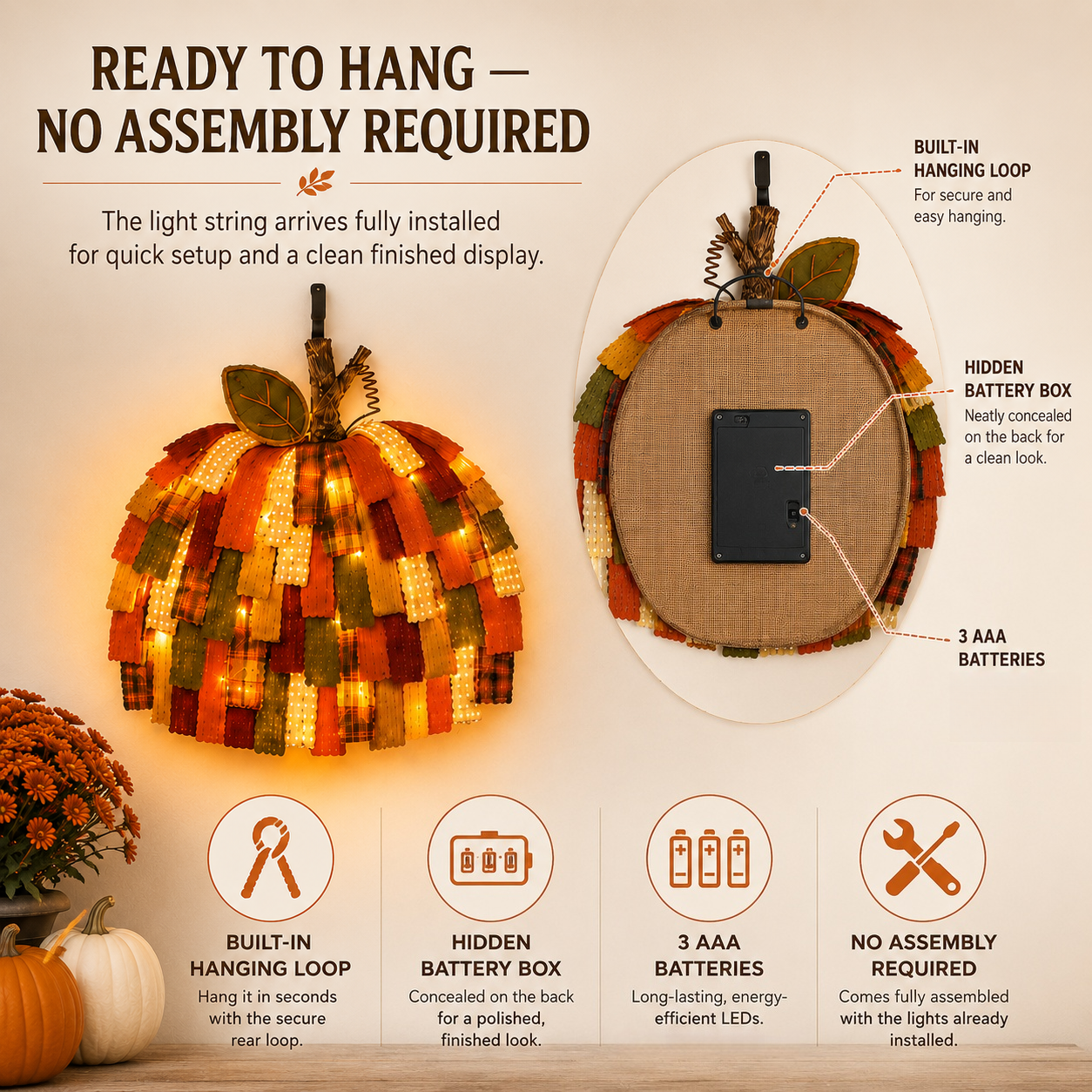 Lighted Patchwork Pumpkin Door Hanger-EASESTER