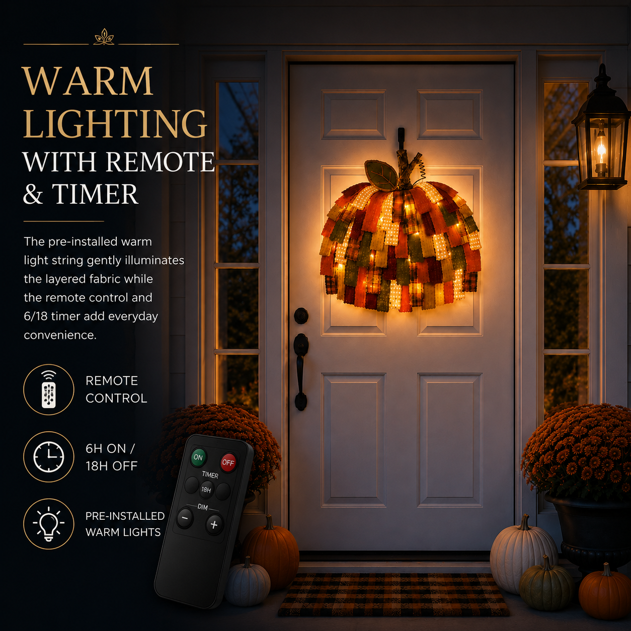 Lighted Patchwork Pumpkin Door Hanger-EASESTER