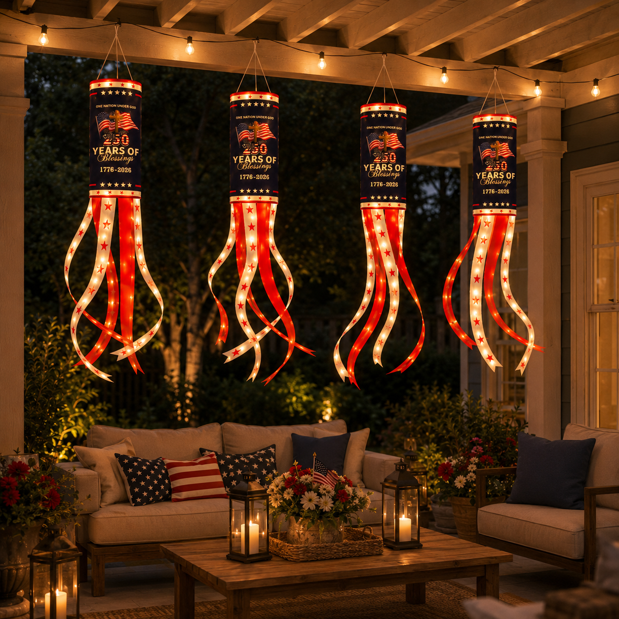 2-Pack Remote-Controlled Light-Up America 250 Patriotic Windsock Decorations