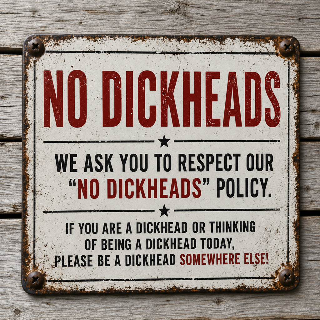 “No Dickheads” Vintage Metal Sign