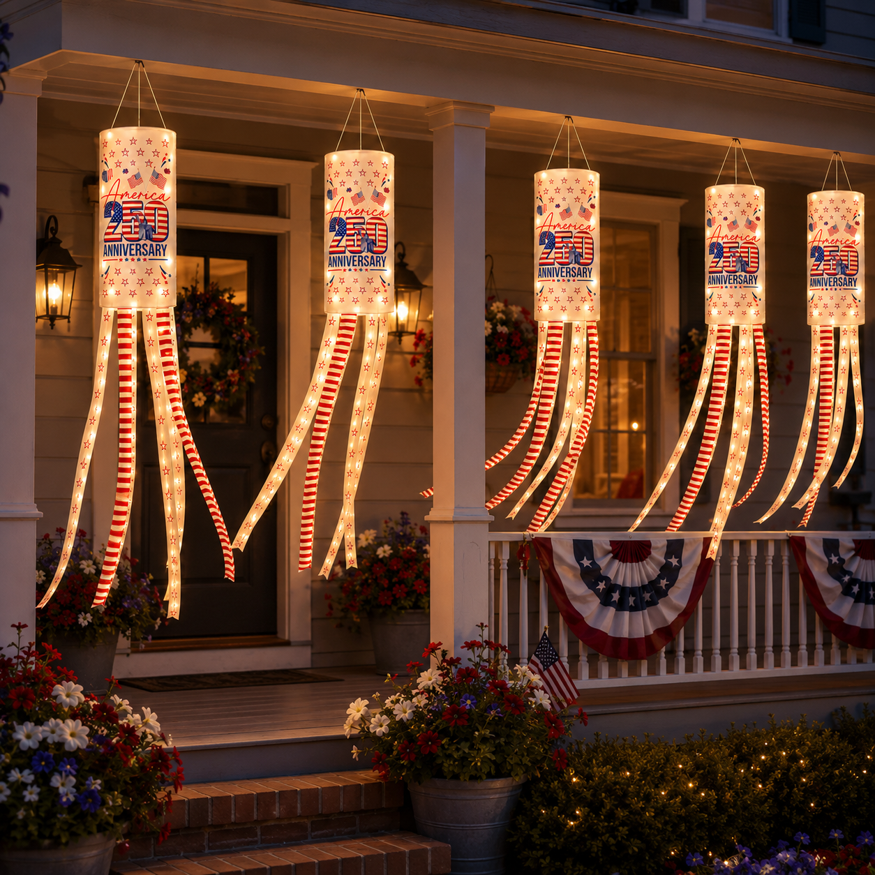 2-Pack Remote-Controlled Light-Up America 250 Patriotic Windsock Decorations