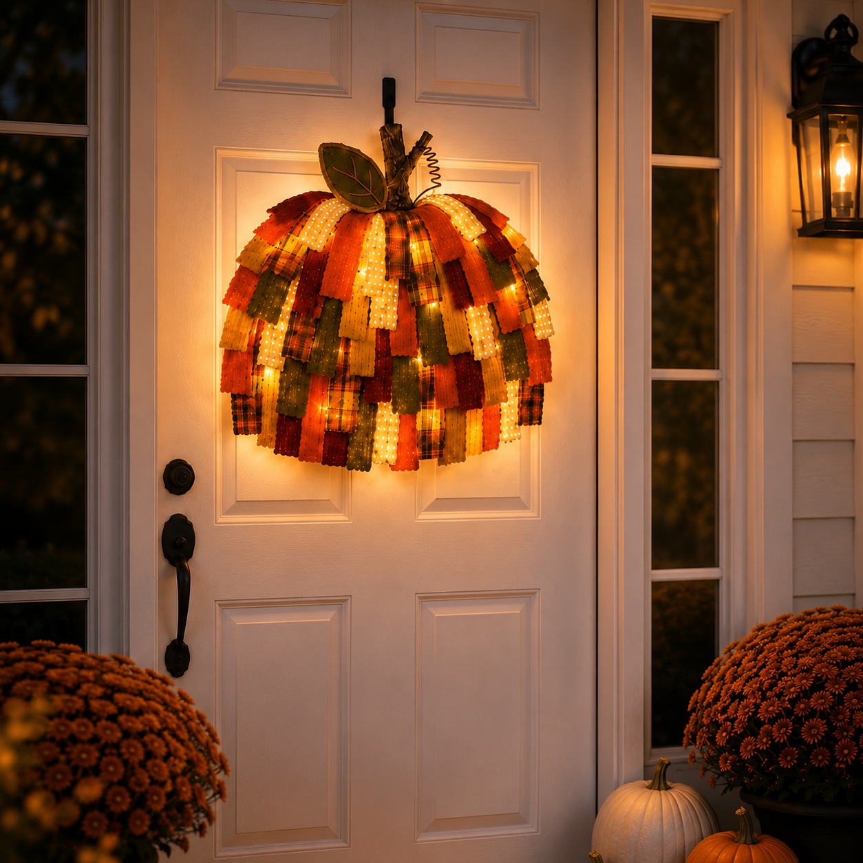 Lighted Patchwork Pumpkin Door Hanger-EASESTER