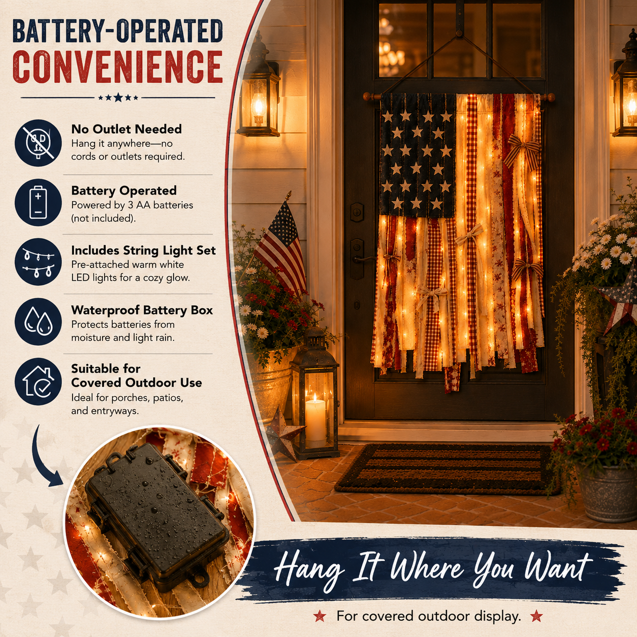 Lighted Rustic American Flag Hanging Banner