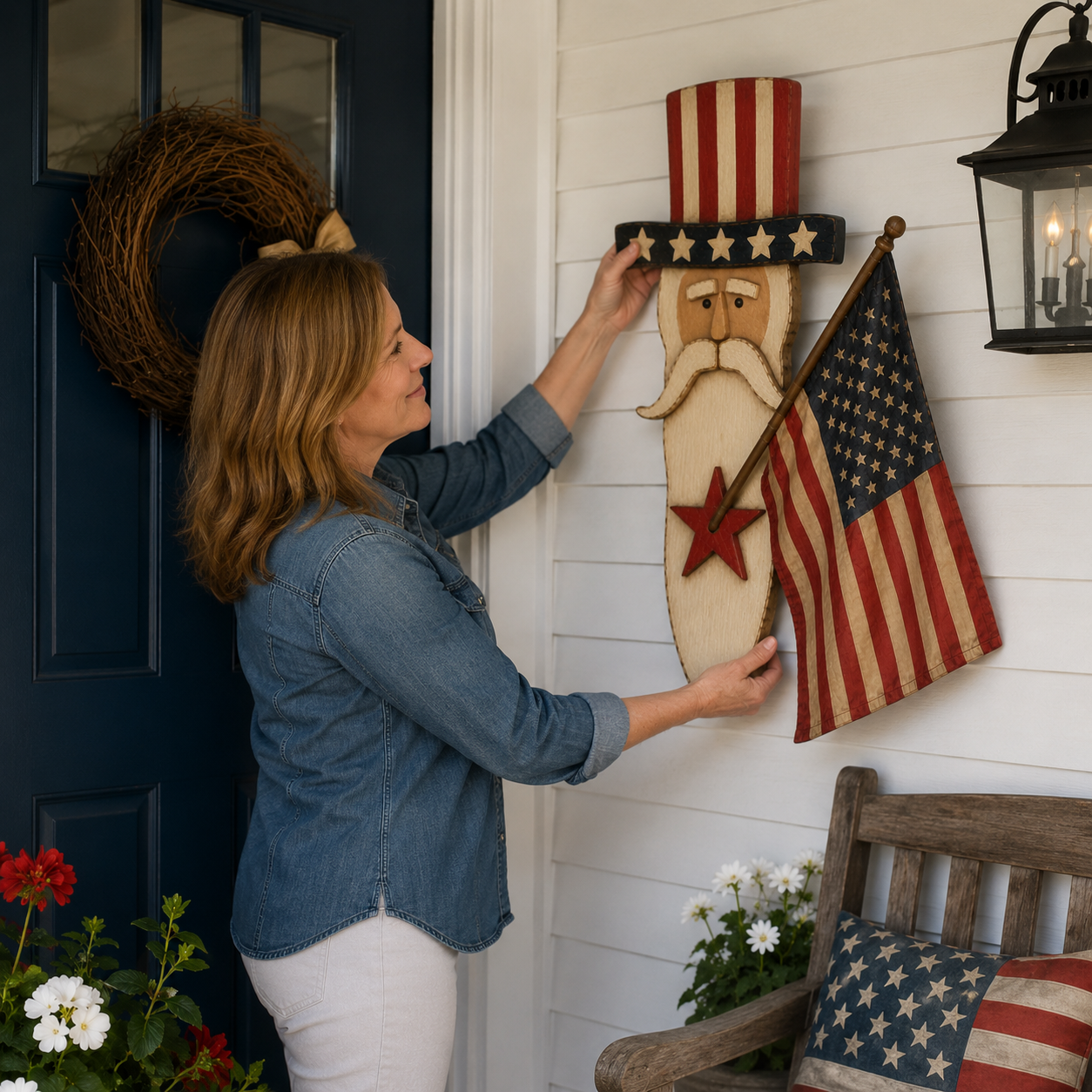 Vintage Uncle Sam Patriotic Wall Hanging with Flag-EASESTER