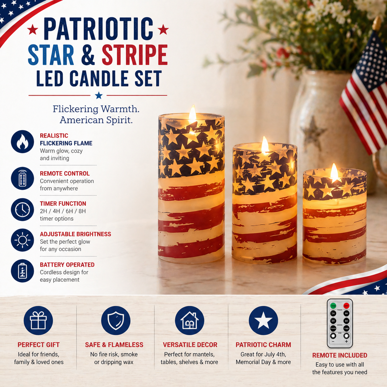 3-Piece Set - Patriotic Flameless Candles (With Remote Control)