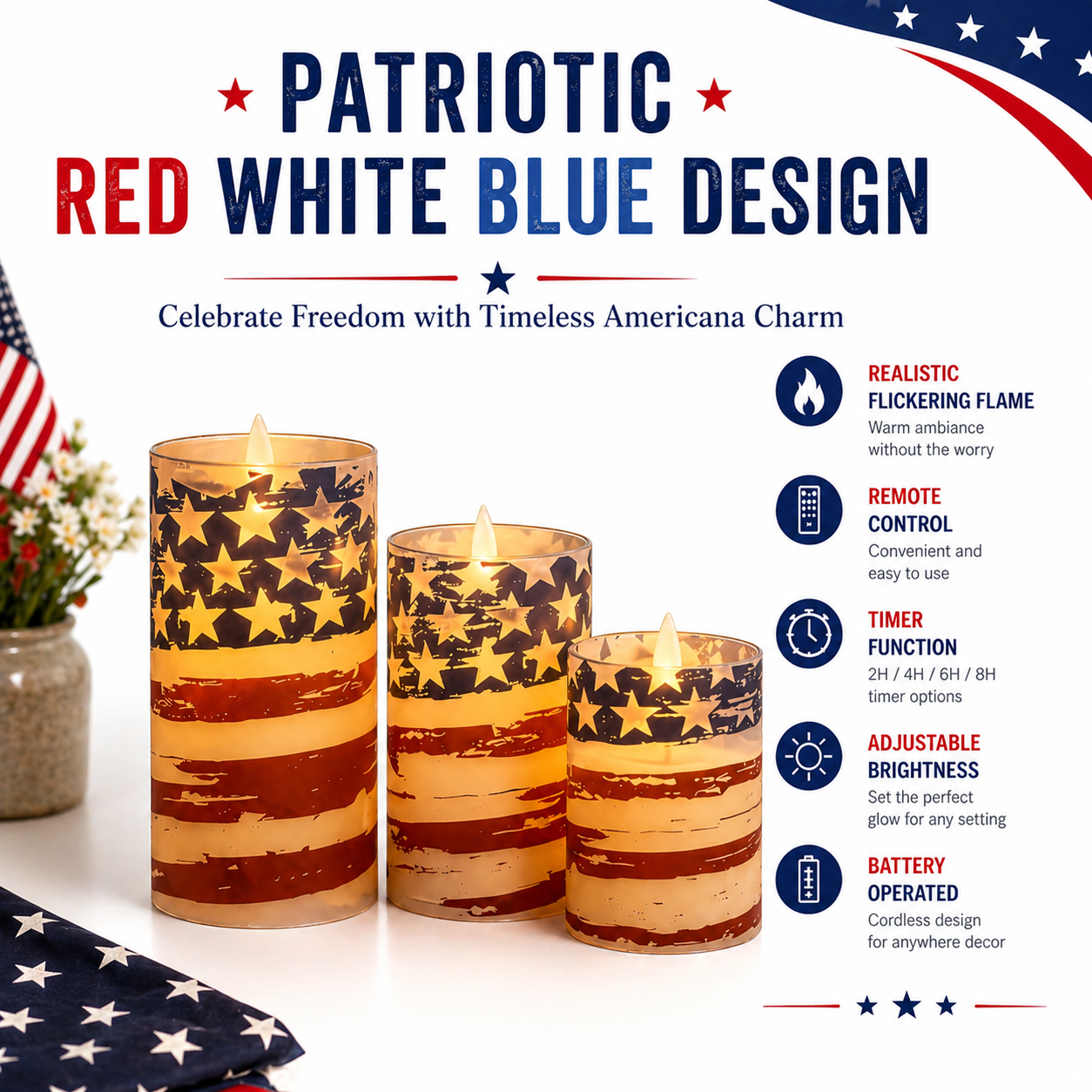 3-Piece Set - Patriotic Flameless Candles (With Remote Control)