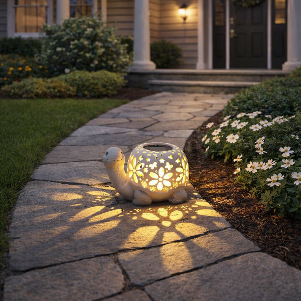 Turtle Glow Solar Garden Lantern With Floral Cutout Shell-EASESTER