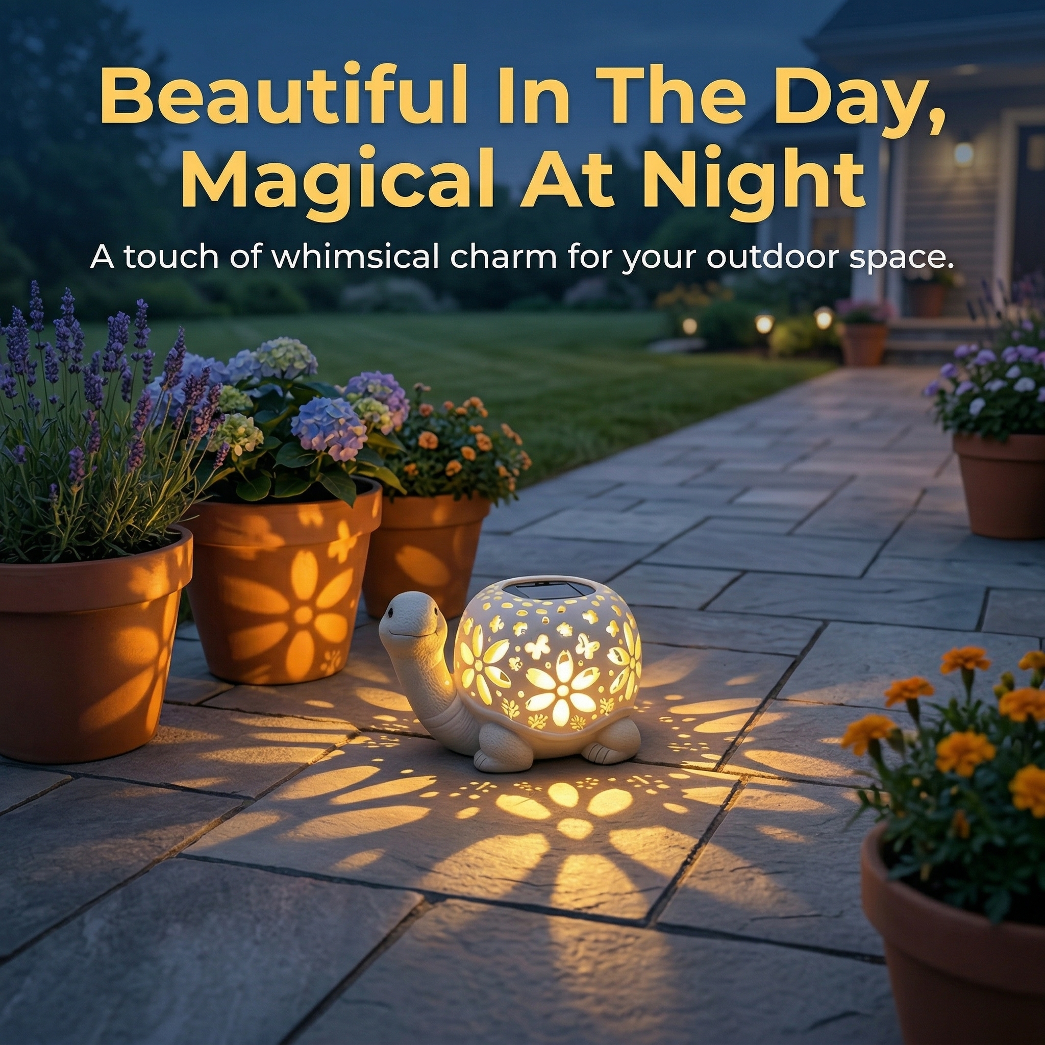 Turtle Glow Solar Garden Lantern With Floral Cutout Shell-EASESTER