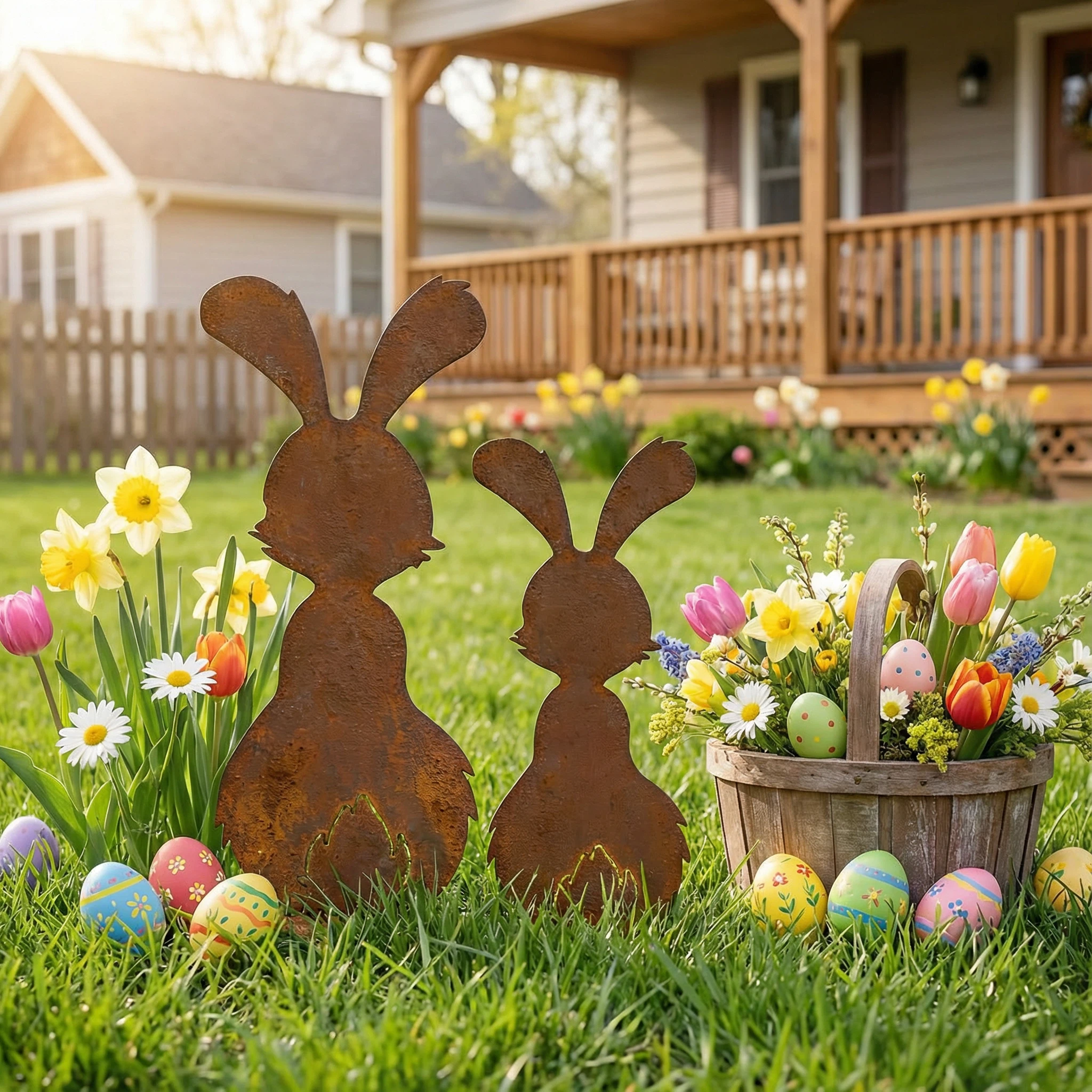 Set of 2 Rustic Metal Bunny Garden Stakes