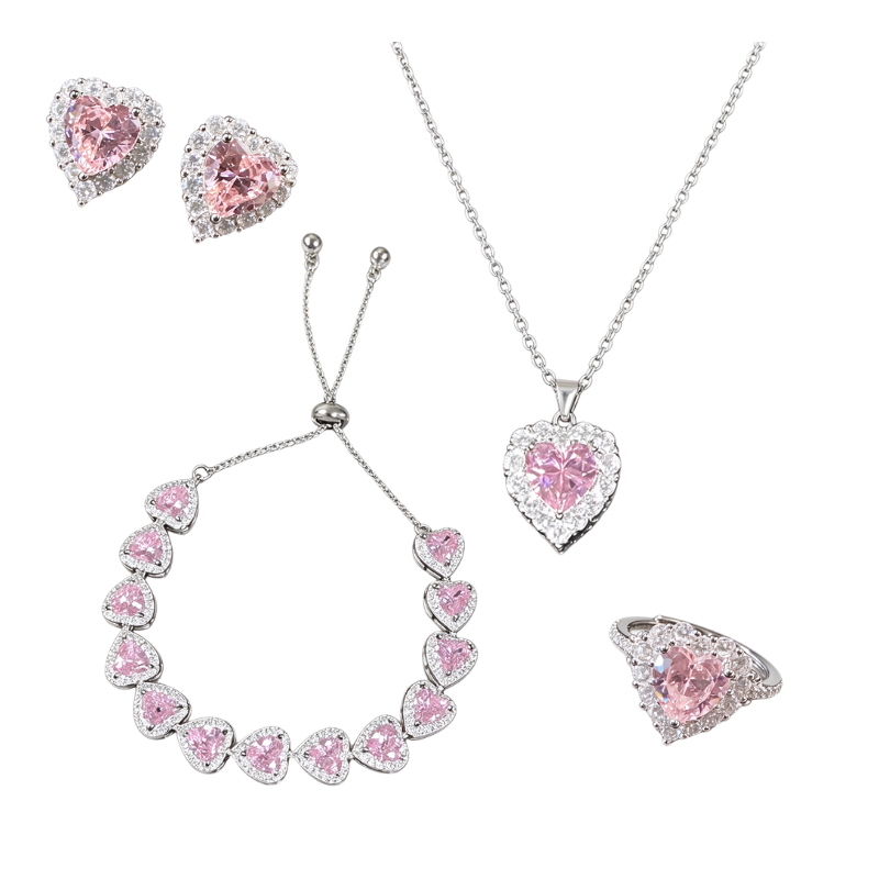 Pink Heart Gemstone Necklace / Ring / Earrings / Set - S925 Silver