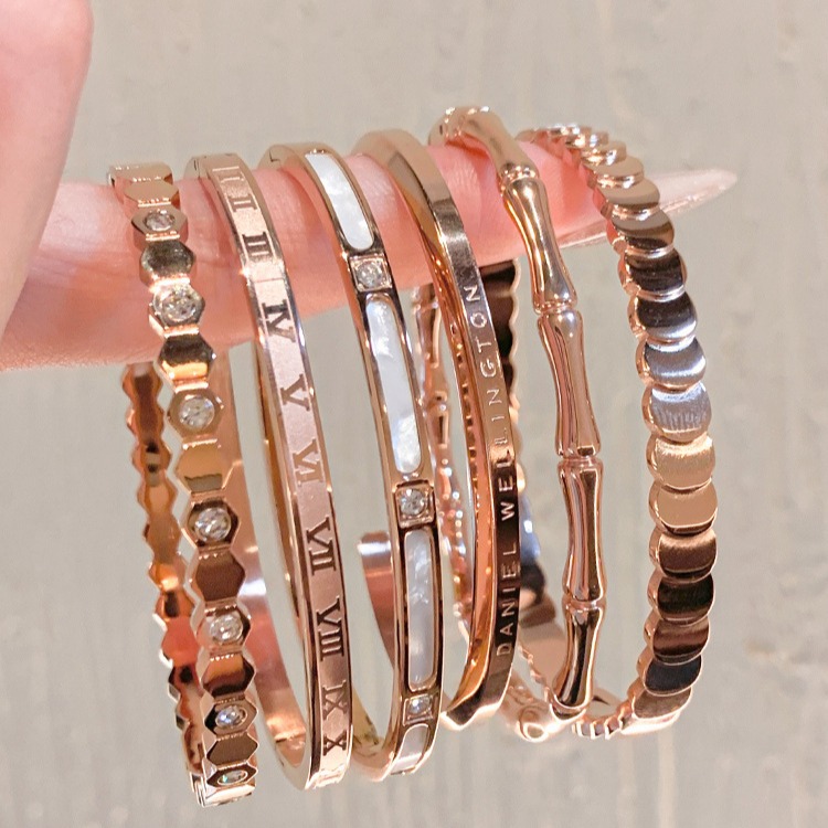 Dainty Zircon Inlaid Bangle, Affordable Luxury Rose Gold Stackable Bracelet for Women