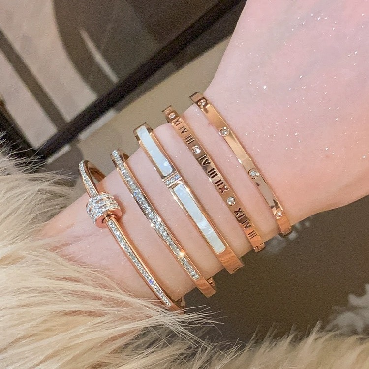 Dainty Zircon Inlaid Bangle, Affordable Luxury Rose Gold Stackable Bracelet for Women