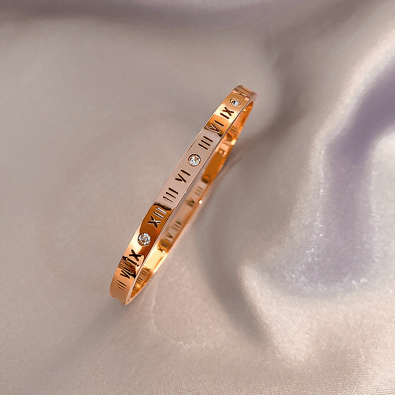 Dainty Zircon Inlaid Bangle, Affordable Luxury Rose Gold Stackable Bracelet for Women