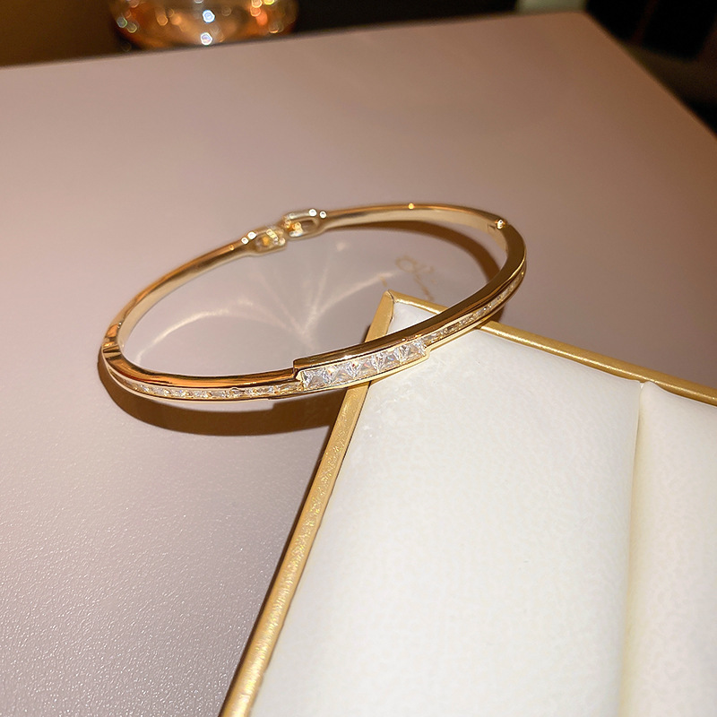 Dainty Zircon Inlaid Bangle, Affordable Luxury Rose Gold Stackable Bracelet for Women