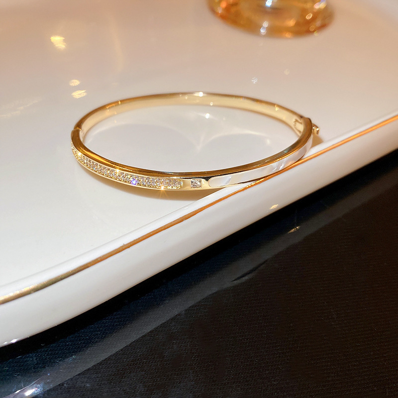 Dainty Zircon Inlaid Bangle, Affordable Luxury Rose Gold Stackable Bracelet for Women