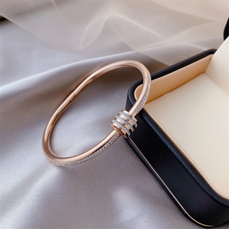 Dainty Zircon Inlaid Bangle, Affordable Luxury Rose Gold Stackable Bracelet for Women