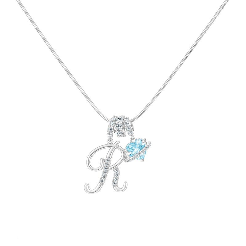 Best Friend Series, Ocean Blue Sweet Heart CZ Pendant Initial Necklace, Silver Stainless Steel Snake Chain Blue Zircon Heart Letter Necklace