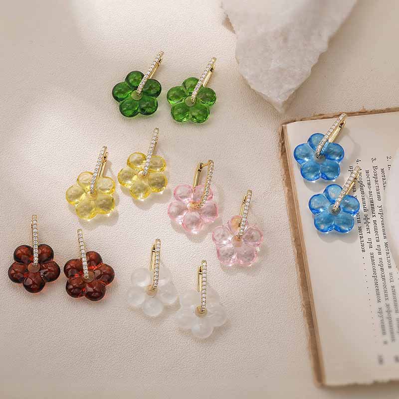 Zircon & Glass Five-Petal Flower Earrings